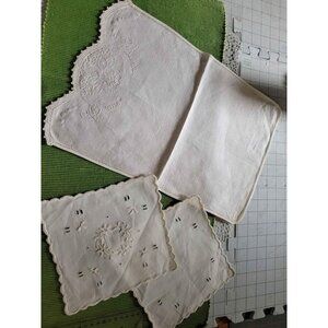 Vintage Embroidered & Cutwork Doilies Set 3 Cotton White Square & Floral Design